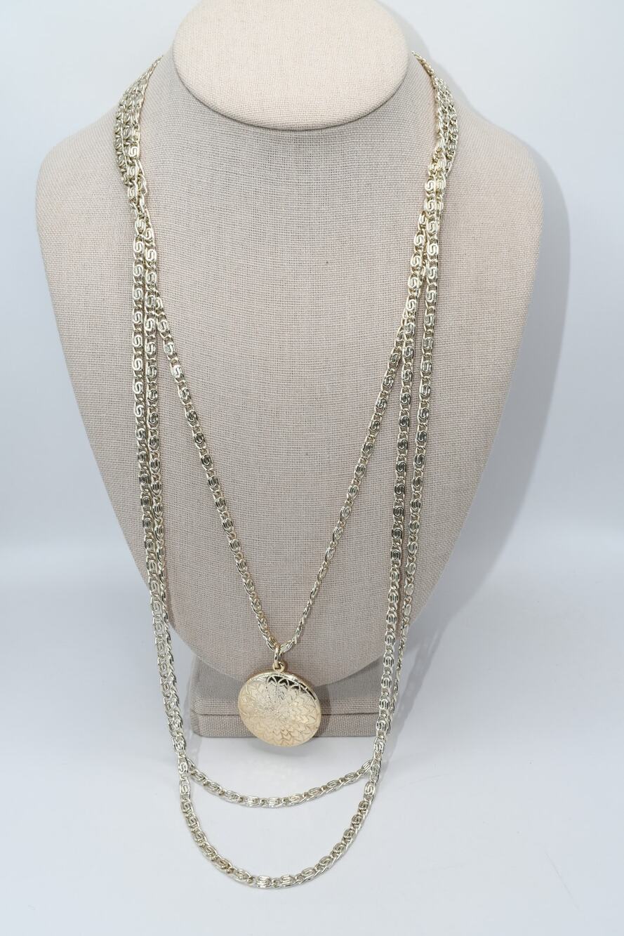 Vintage Germany Eloxal Triple Strand Necklace Floral Pendant Silver Tone